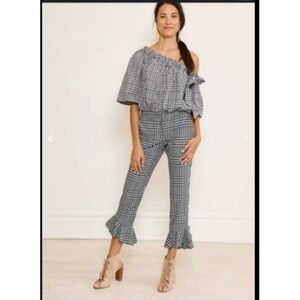 Trina Turk Cahuenga Ruffle Hem Crop Pant B & W Picnic Plaid Hook Zip Fly SZ 4